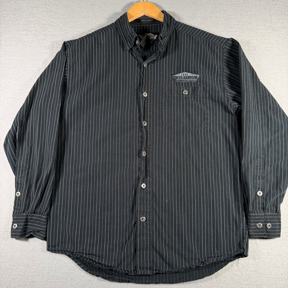 Harley Davidson Mens Black Pinstripe Button Down Shirt Embroidered Patch Medium